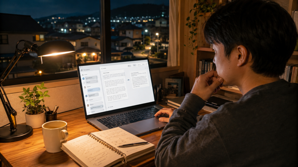 地方在住会社員が本業後にClaudeでAIブログを改善するイメージ