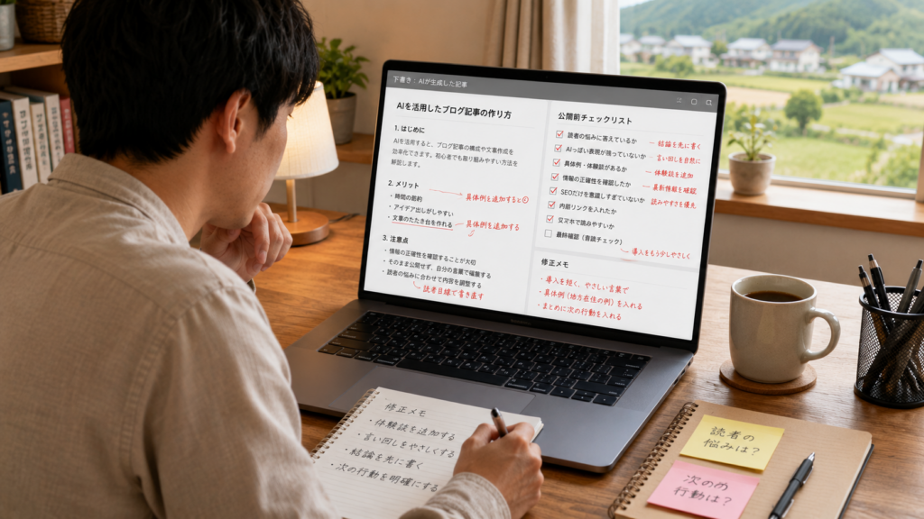AI記事を公開前に人間らしく編集するチェック作業のイメージ