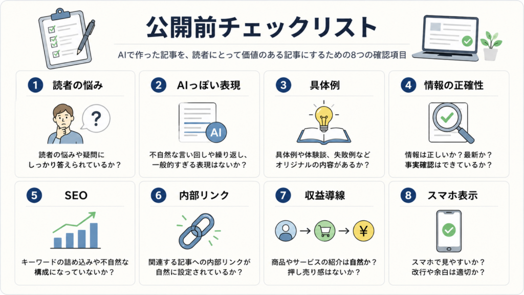 AI記事の読者目線やSEO品質を確認する公開前チェックリスト