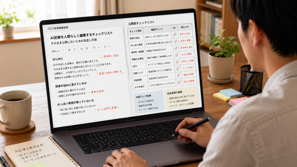 AI記事編集チェックリストで読者目線や収益導線を確認する画面