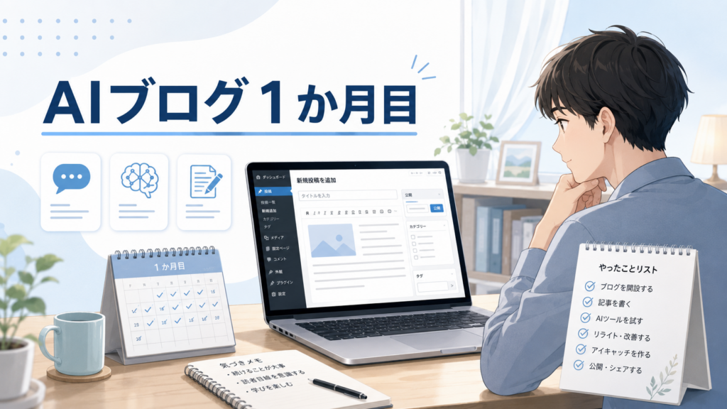 地方会社員がAIブログ運営1か月目を振り返るイメージ