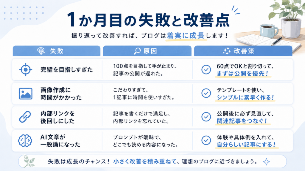 AIブログ運営1か月目の失敗、原因、改善策をまとめた図解