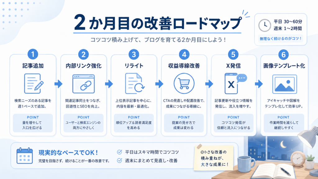 AIブログ運営2か月目に行う記事追加、内部リンク強化、リライト、収益導線改善のロードマップ