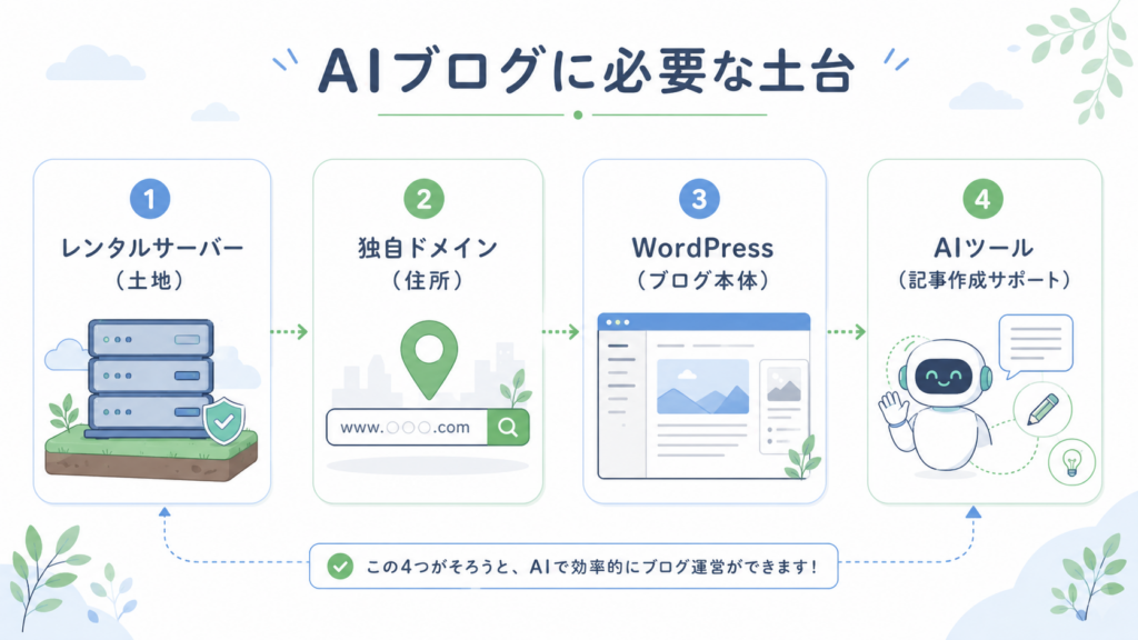 AIブログに必要なWordPress、レンタルサーバー、ドメイン、AIツールの関係図