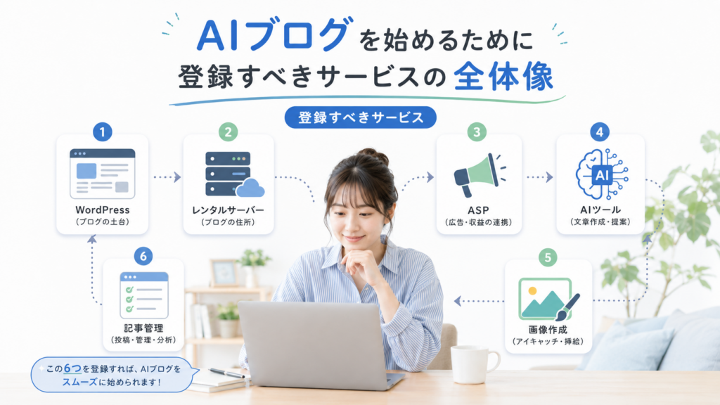 AIブログを始める初心者が登録すべきWordPress Xserver A8.net AIツールの全体像