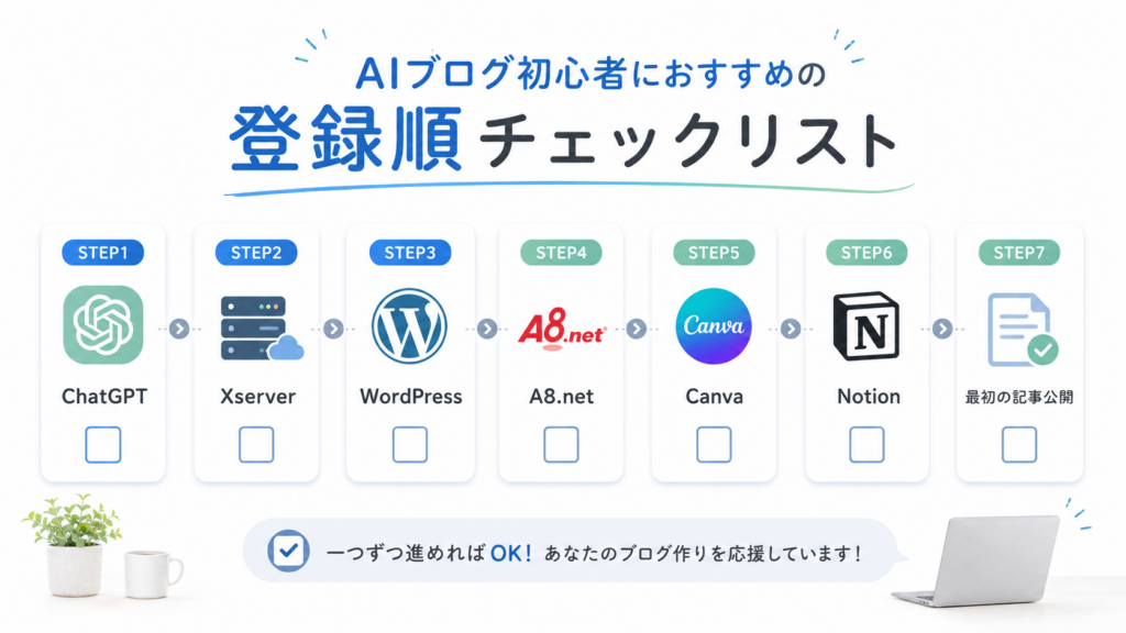 AIブログ初心者におすすめのWordPress Xserver A8.net ChatGPT Canva Notion登録順チェックリスト