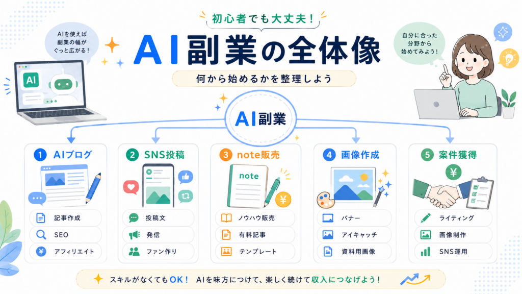AIブログ、SNS、note、画像作成、案件獲得の全体像図