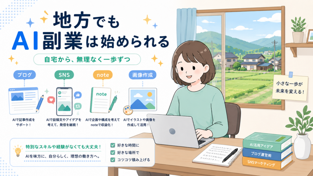 地方の自宅でAI副業に取り組む初心者のイメージ