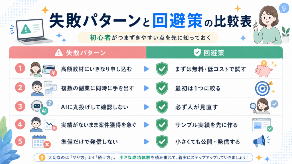 失敗パターンと回避策の比較表