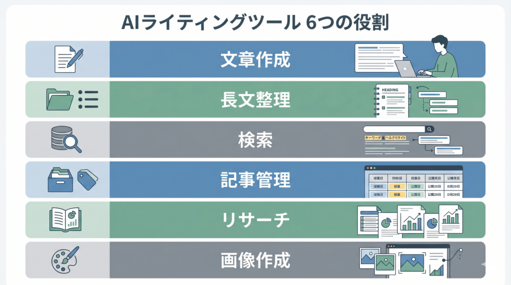 ブログ初心者向けAIライティングツール6種類の役割比較