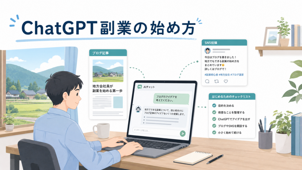 地方会社員がChatGPTを使って副業を始めるイメージ