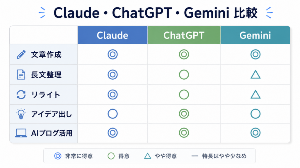 ClaudeとChatGPTの違いを初心者向けに比較した表