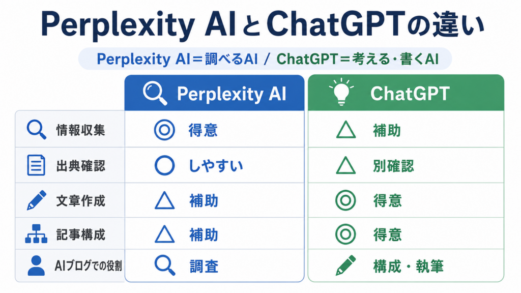 Perplexity AIとChatGPTの違いを初心者向けに比較した表